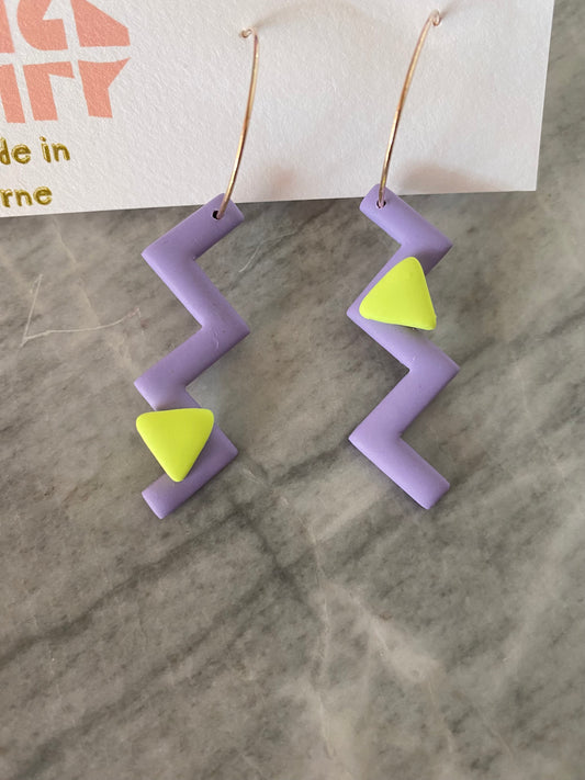 Geometric Zigzag polymer clay earrings with yellow triangle accent