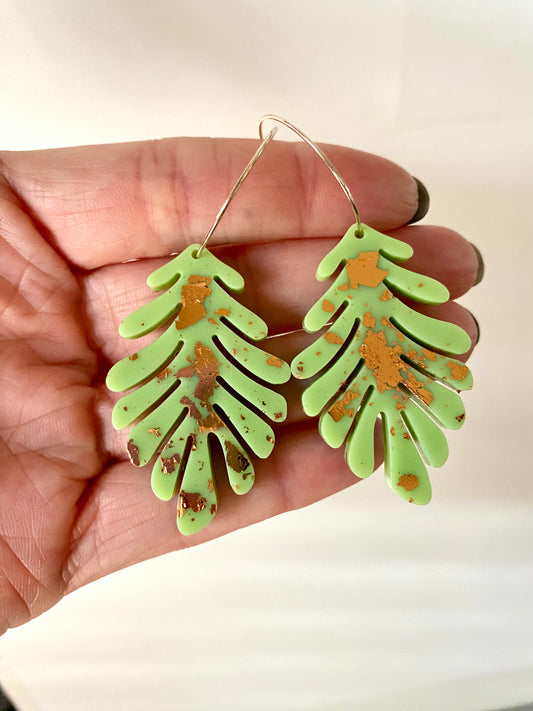 Green and Rose Gold Leaf Handmade Hoop Earrings