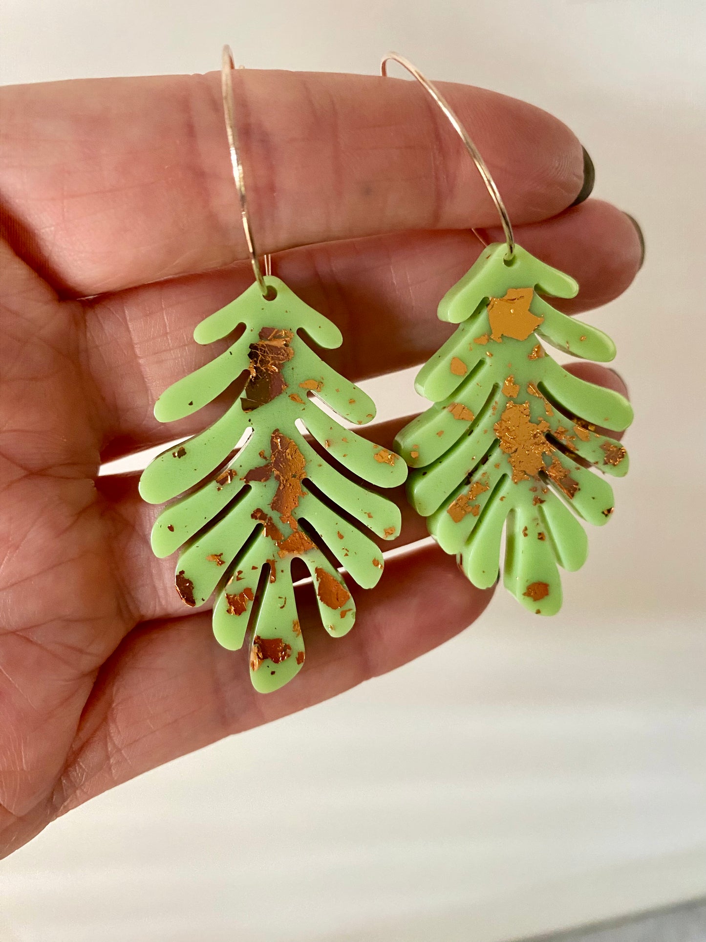 Green and Rose Gold Leaf Handmade Hoop Earrings