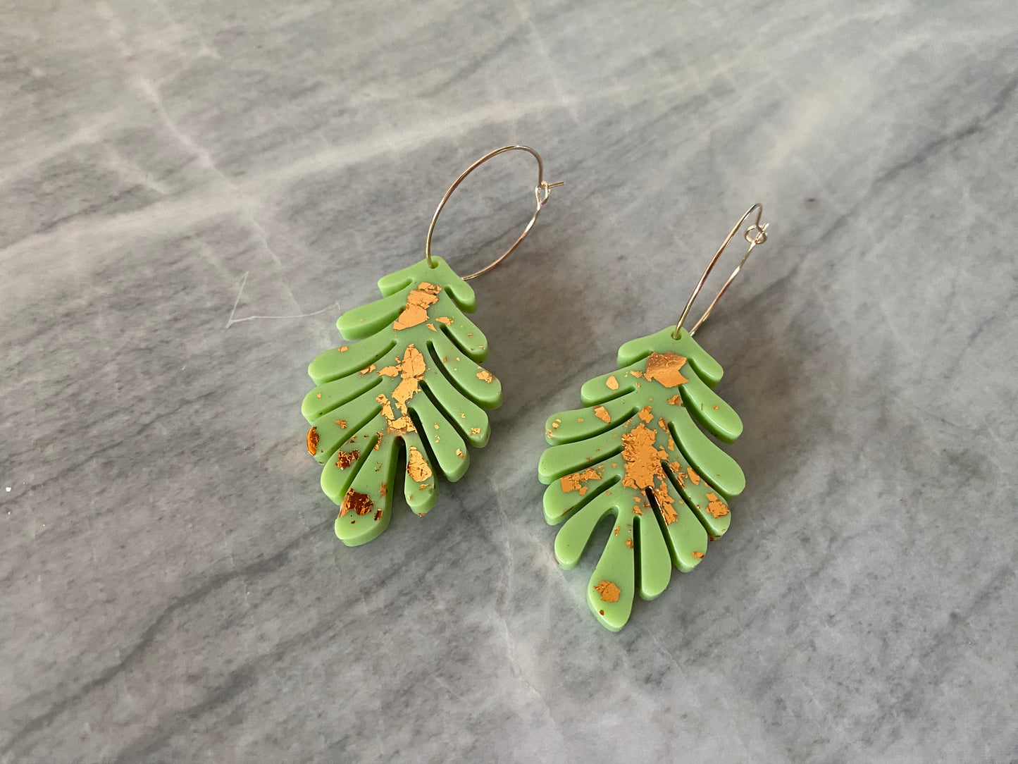 Green and Rose Gold Leaf Handmade Hoop Earrings