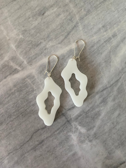 White Abstract Handmade Hoop Earrings