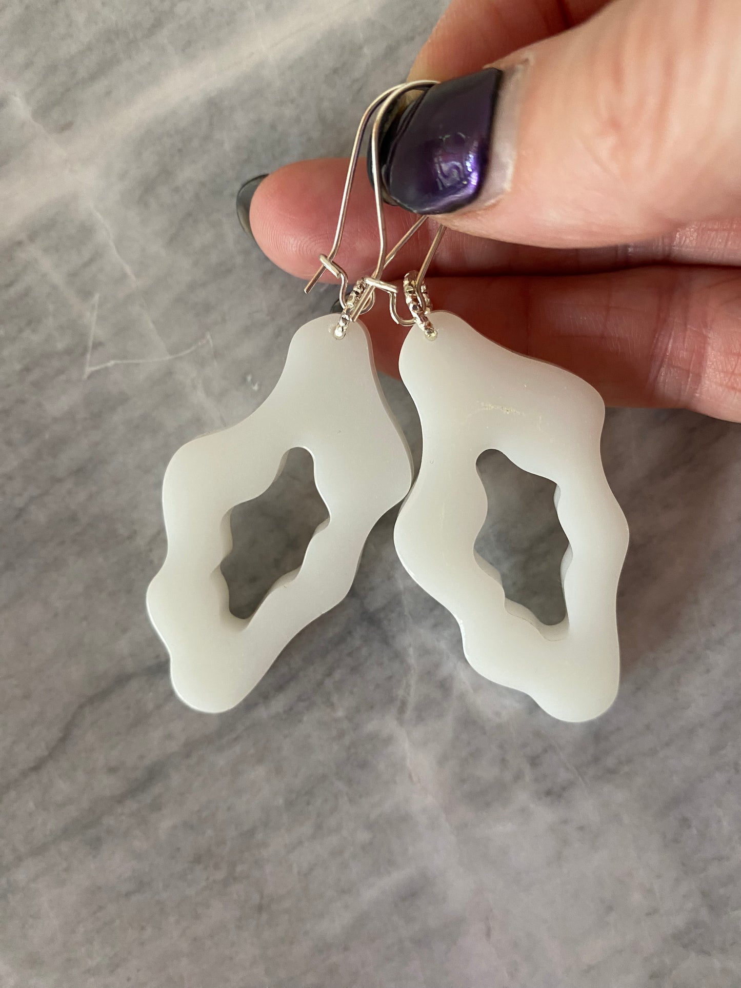 White Abstract Handmade Hoop Earrings